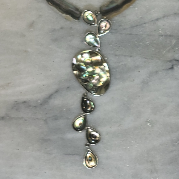 Abalone Sterling 925 Necklace 17.5" 4" Pendant 2" Earrings Set - Picture 3 of 7